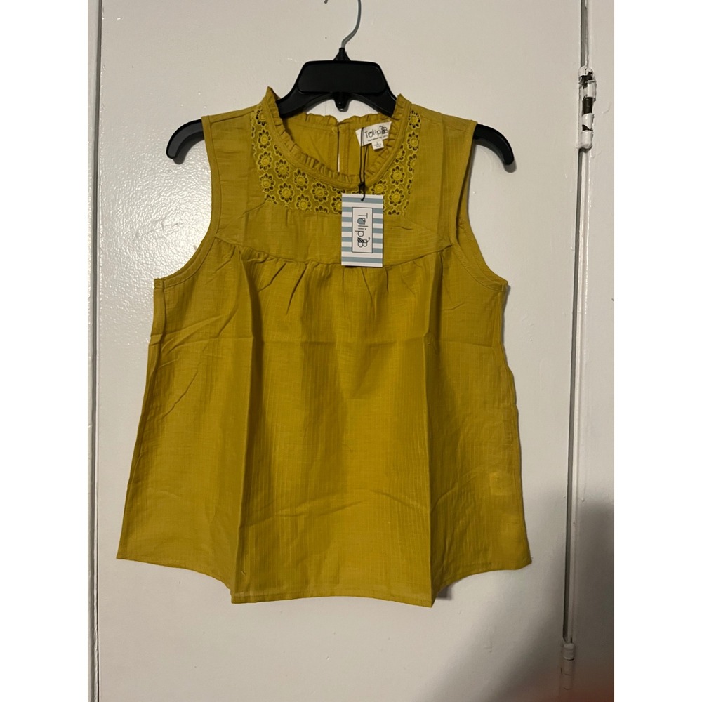 Tulip B Mustard Yellow Cotton Crochet Lace Ruffle Neck Sleeveless Top Small NWT